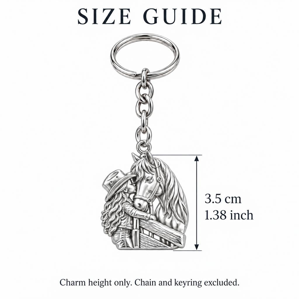 Gentle Spirit Horse Hug Charm Keychain – size guide, 3.5 cm (1.38 in) charm, chain and keyring excluded
