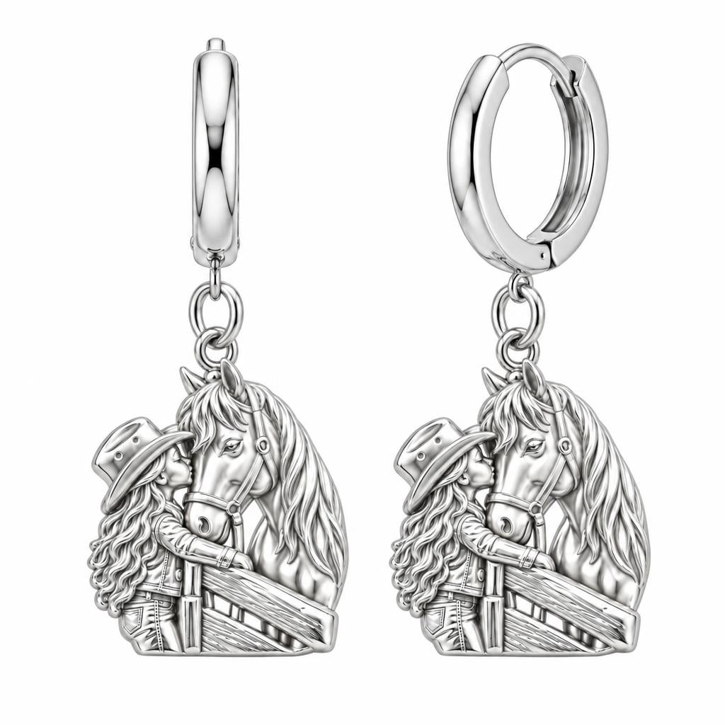 Gentle Spirit Horse Hug Huggie Charm Earrings – silver, front view