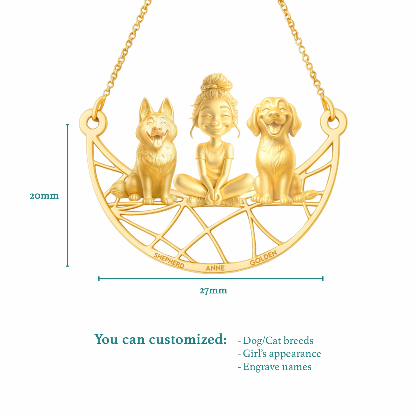 Soulyshine Personalized Girl And Her Pets Necklace - German Shepherd/Golden Retriever