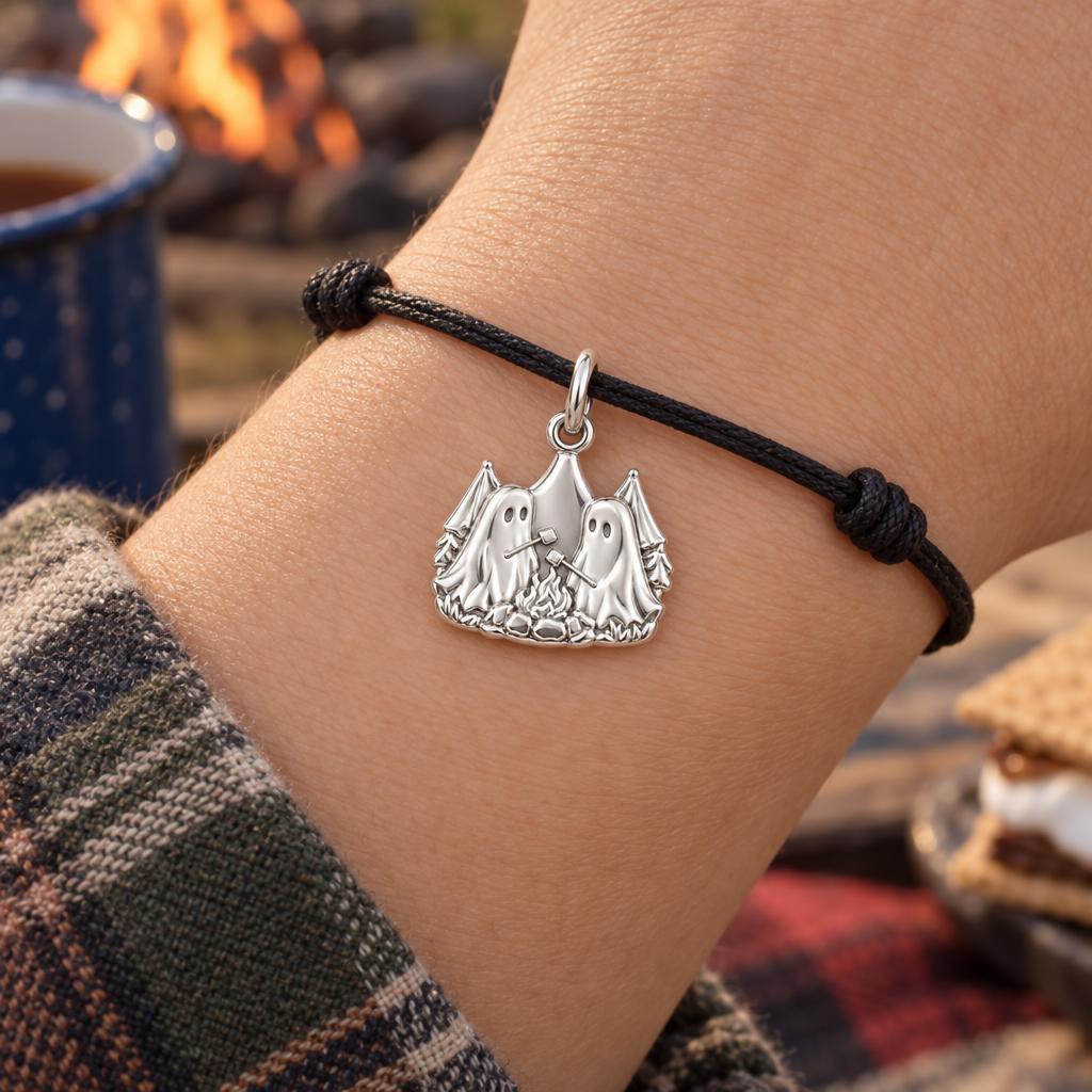 Ghostly Campfire S'mores Charm Bracelet – Personalized Bestie Gift – worn on the wrist on a black cord bracelet