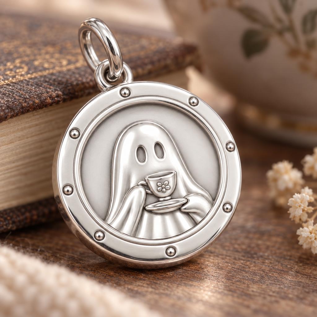 Ghostly Tea Time Charm Bracelet – Personalized Best Friend Gift – macro detail of the charm