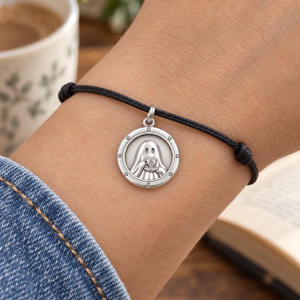 Ghostly Tea Time Charm Bracelet – Personalized Best Friend Gift – worn on the wrist on a black cord bracelet