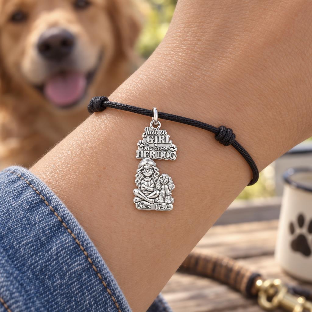 Girl Loves Her Dog Charm Bracelet – Personalized Dog Mom Gift – worn on the wrist on a black cord bracelet