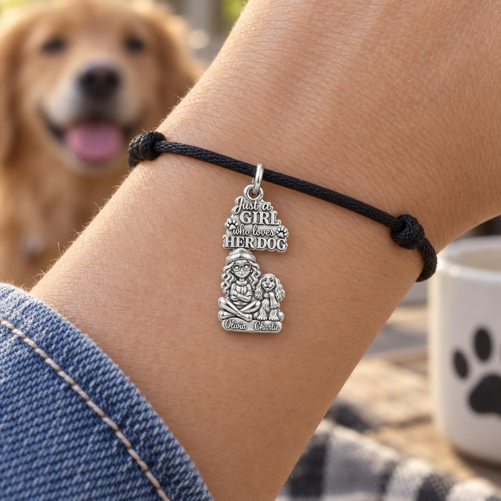 Girl Loves Her Dog Charm Bracelet – Personalized Dog Mom Gift – worn on the wrist on a black cord bracelet