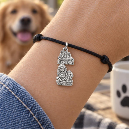 Girl Loves Her Dog Charm Bracelet – Personalized Dog Mom Gift – worn on the wrist on a black cord bracelet