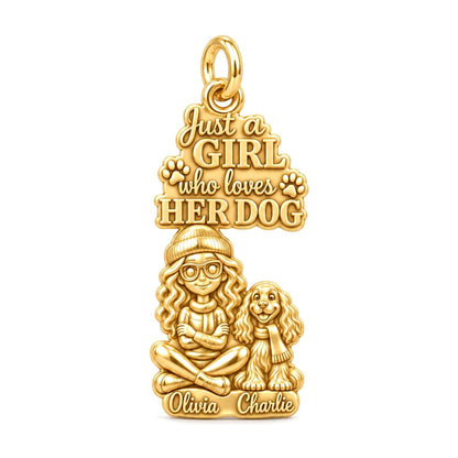 Girl Loves Her Dog Charm Bracelet – Personalized Dog Mom Gift – 18K gold charm, front view