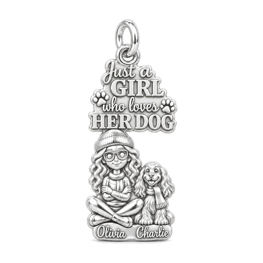 Girl Loves Her Dog Charm Bracelet – Personalized Dog Mom Gift – silver charm, front view
