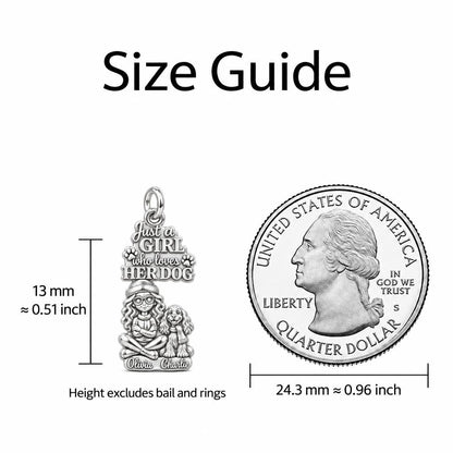 Girl Loves Her Dog Charm Bracelet – Personalized Dog Mom Gift – size guide, 13 mm charm next to a quarter