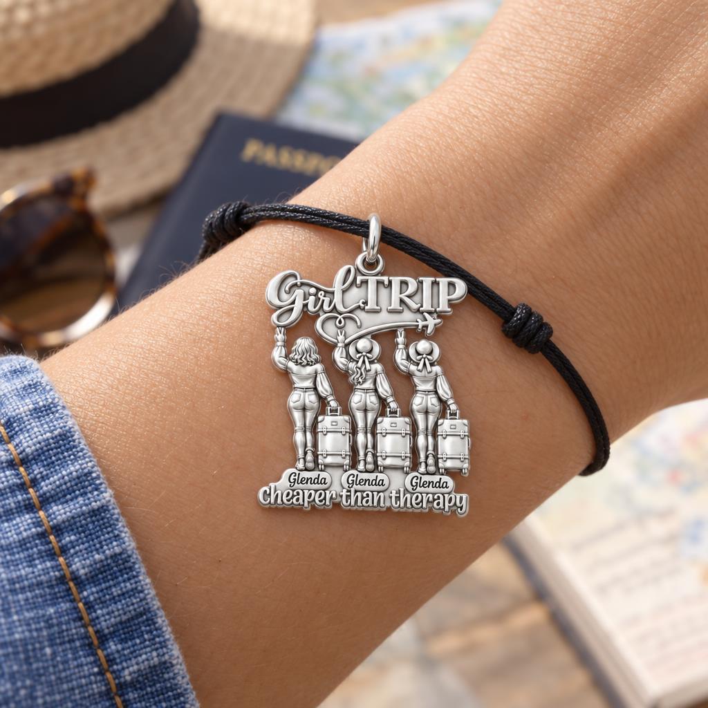 Girl Trip Adventure Charm Bracelet – Personalized Bestie Gift – worn on the wrist on a black cord bracelet