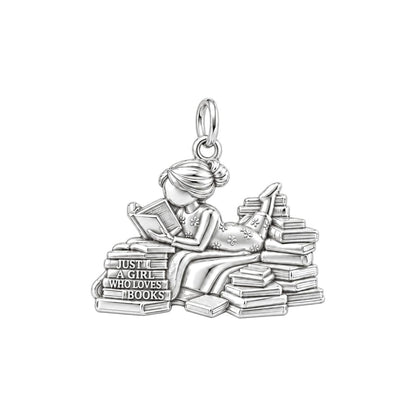 Girl Who Loves Books Charm and Polyester Cord Bracelet Set – silver plated 3 cm charm, front view