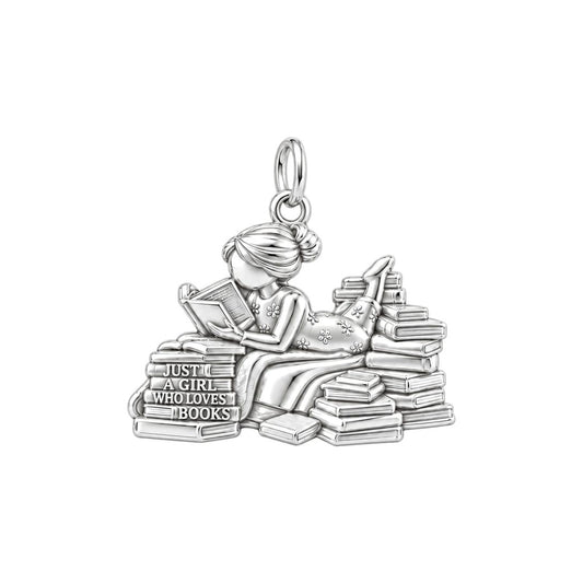 Girl Who Loves Books Charm and Polyester Cord Bracelet Set – silver plated 3 cm charm, front view