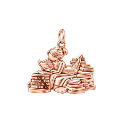 Girl Who Loves Books Charm and Polyester Cord Bracelet Set – rose gold 3 cm charm, front view