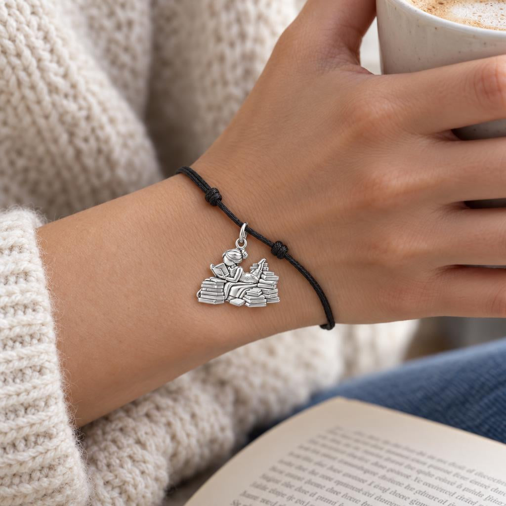 Girl Who Loves Books Charm and Polyester Cord Bracelet Set – worn on the wrist on a black cord bracelet