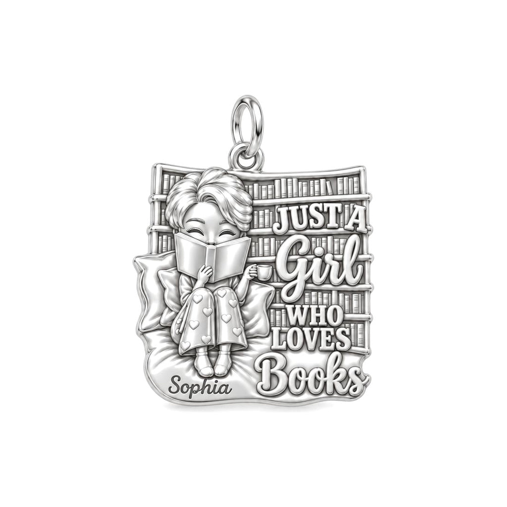 Girl Who Loves Books Charm Bracelet – Personalized Bookworm Gift – silver plated 2 cm charm, front view