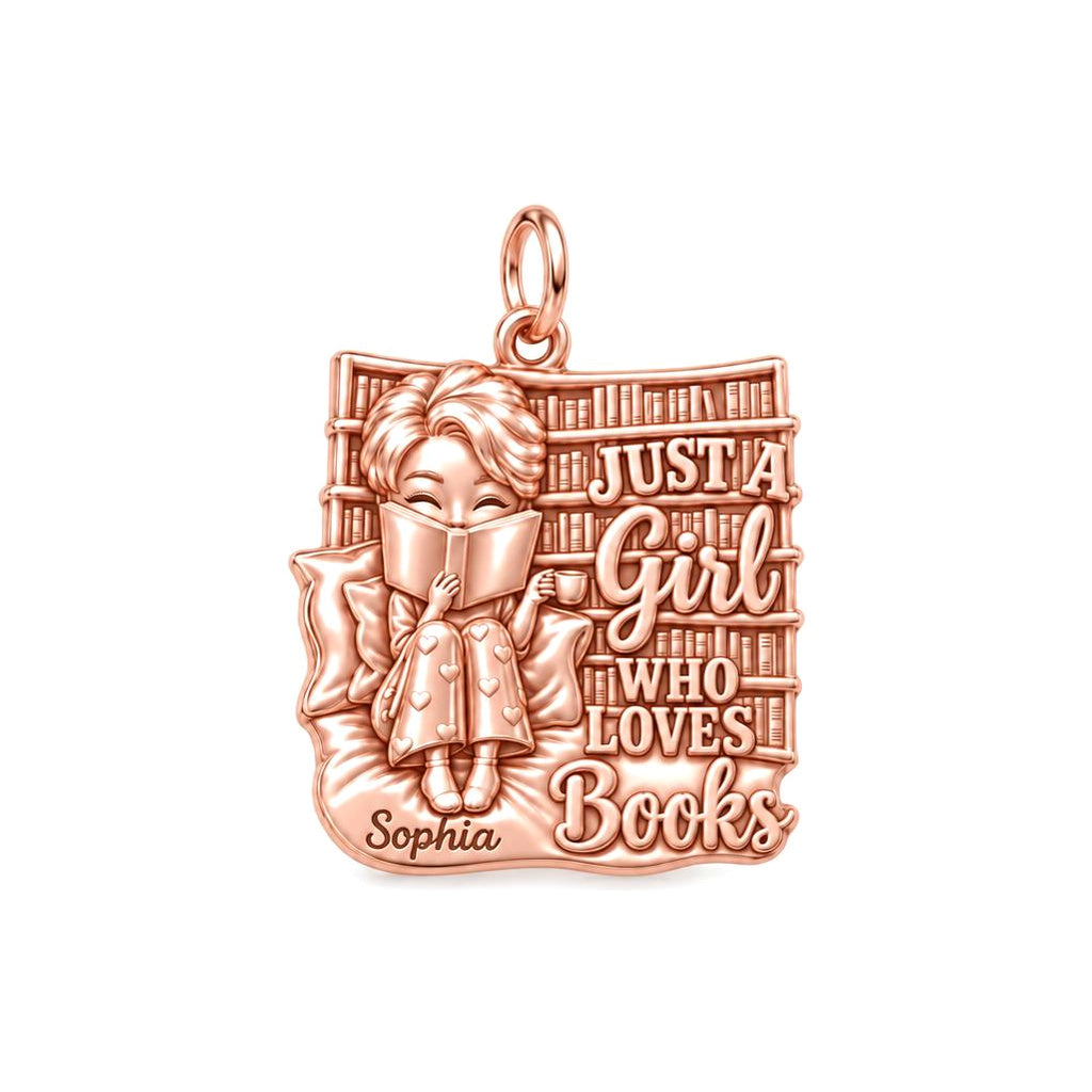 Girl Who Loves Books Charm Bracelet – Personalized Bookworm Gift – rose gold 2 cm charm, front view