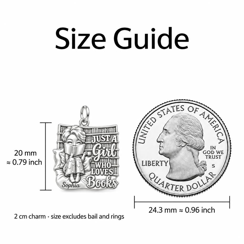 Girl Who Loves Books Charm Bracelet – Personalized Bookworm Gift – size guide, 2 cm charm next to a quarter