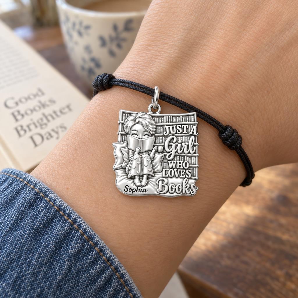 Girl Who Loves Books Charm Bracelet – Personalized Bookworm Gift – worn on the wrist on a black cord bracelet