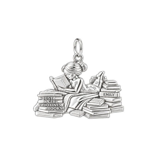 Girl Who Loves Books Charm Bracelet – Personalized Reader Gift – silver plated 2 cm charm, front view