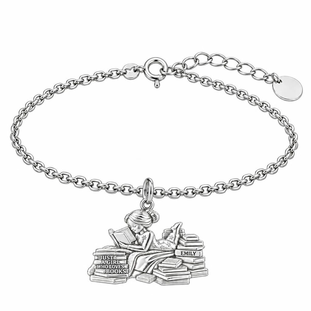 Girl Who Loves Books Charm Bracelet Set – silver, front view