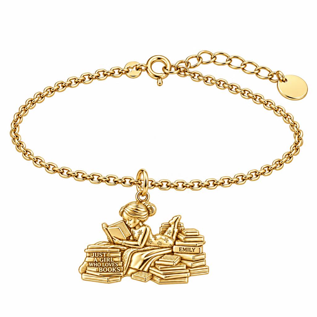 Girl Who Loves Books Charm Bracelet Set – 18K gold, front view
