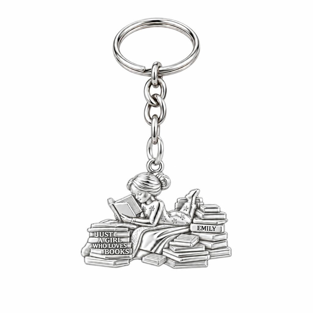 Girl Who Loves Books Charm Keychain – silver, front view
