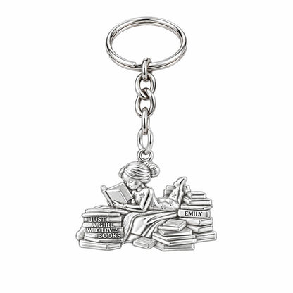 Girl Who Loves Books Charm Keychain – silver, front view