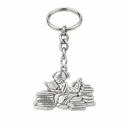 Girl Who Loves Books Charm Keychain – silver, front view