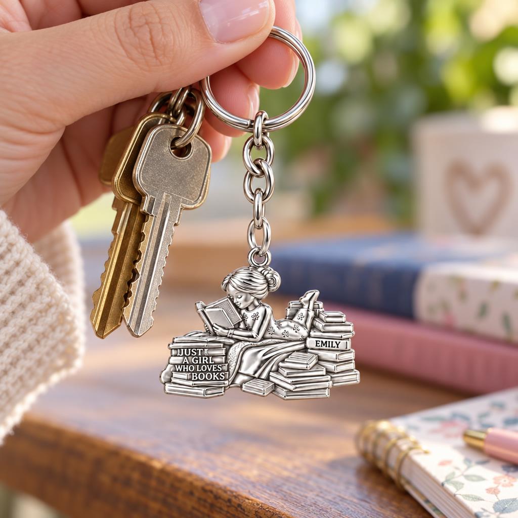 Girl Who Loves Books Charm Keychain – worn / in use