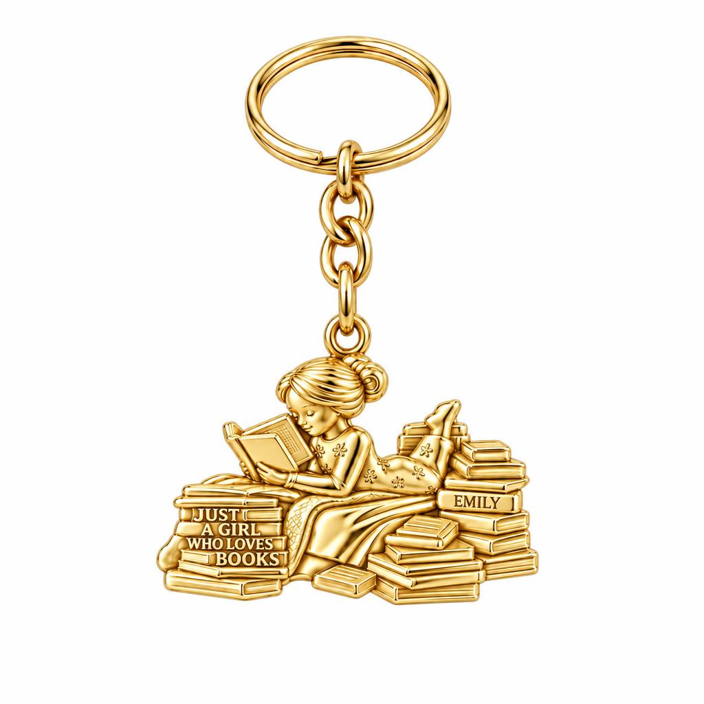 Girl Who Loves Books Charm Keychain – 18K gold, front view