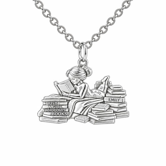 Girl Who Loves Books Charm Necklace Set – silver, front view