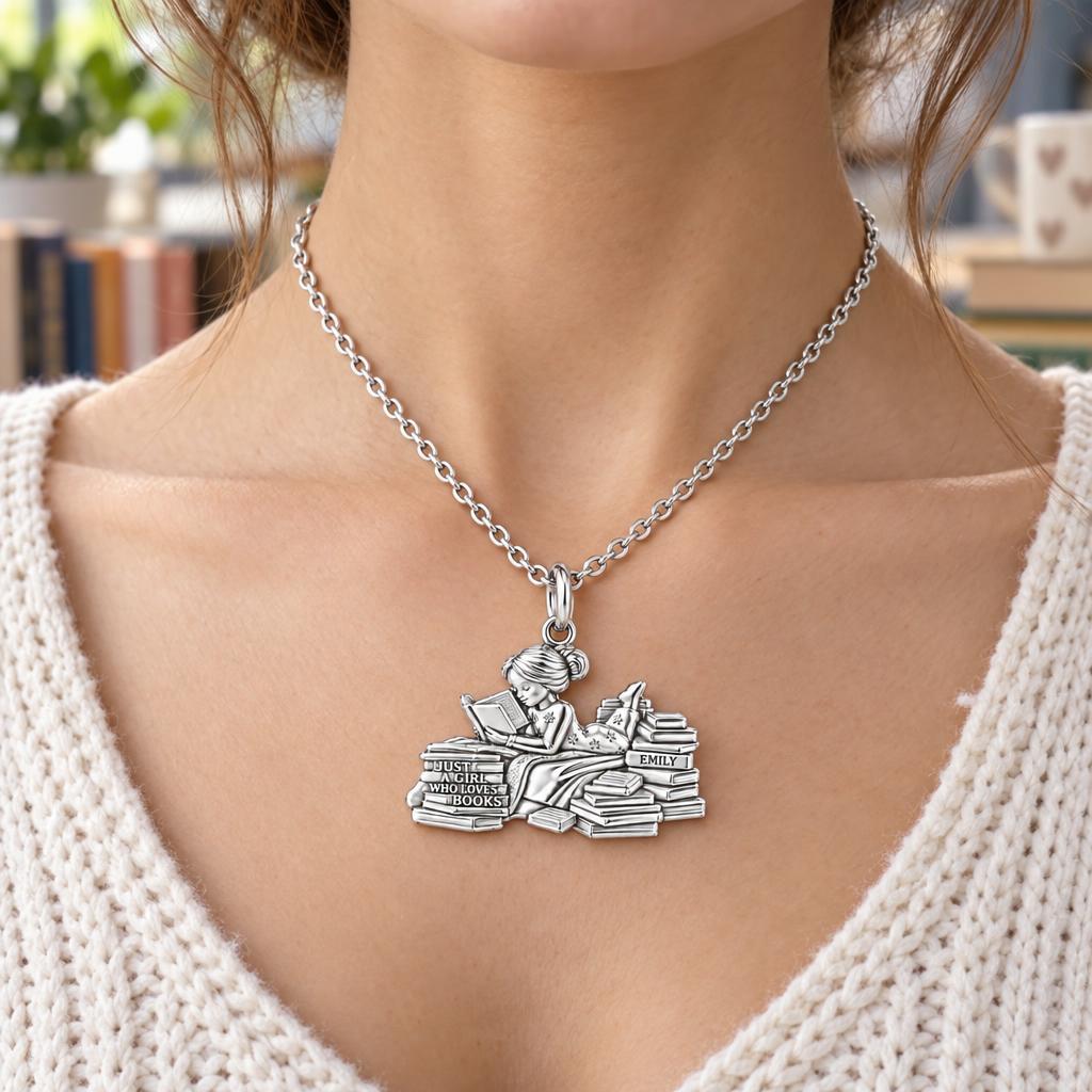 Girl Who Loves Books Charm Necklace Set – worn / in use