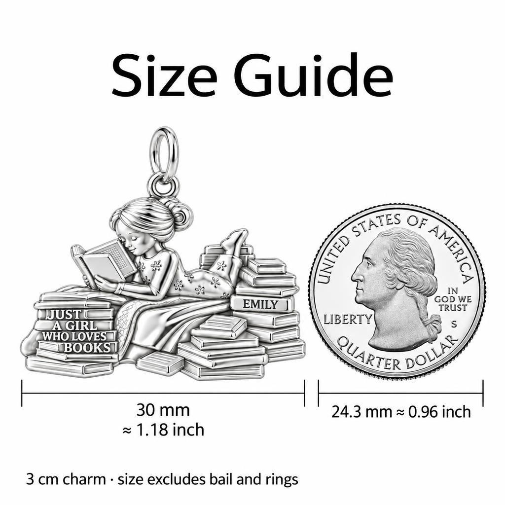 Girl Who Loves Books Charm Necklace Set – size guide, 13 mm charm next to a quarter