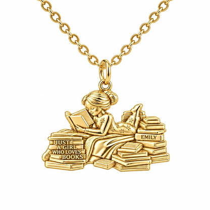 Girl Who Loves Books Charm Necklace Set – 18K gold, front view