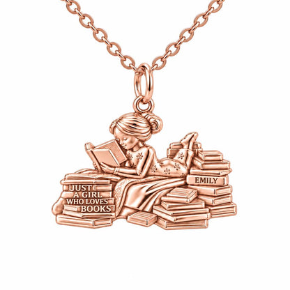 Girl Who Loves Books Charm Necklace Set – rose gold, front view