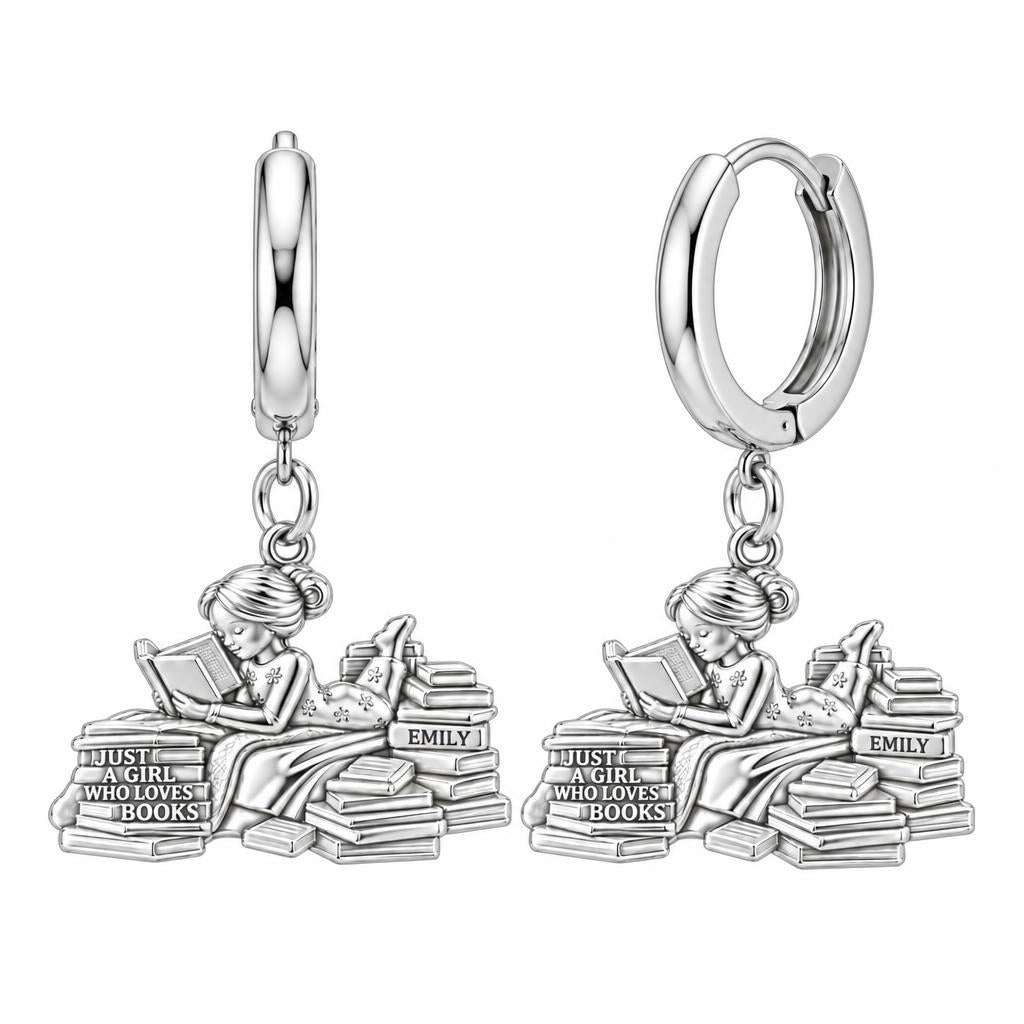Girl Who Loves Books Huggie Charm Earrings – silver, front view