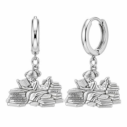 Girl Who Loves Books Huggie Charm Earrings – silver, front view
