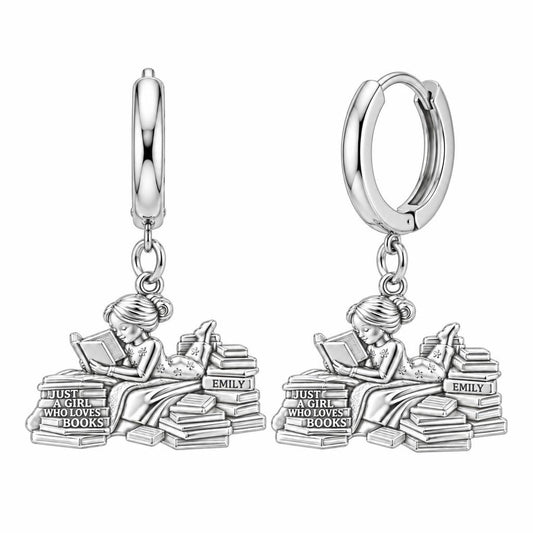 Girl Who Loves Books Huggie Charm Earrings – silver, front view