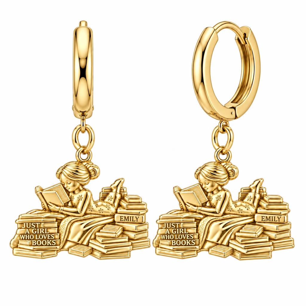 Girl Who Loves Books Huggie Charm Earrings – 18K gold, front view
