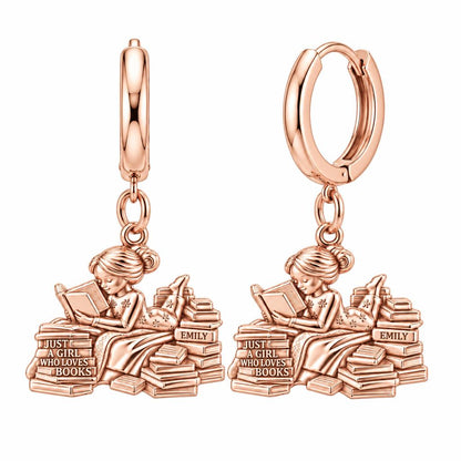 Girl Who Loves Books Huggie Charm Earrings – rose gold, front view