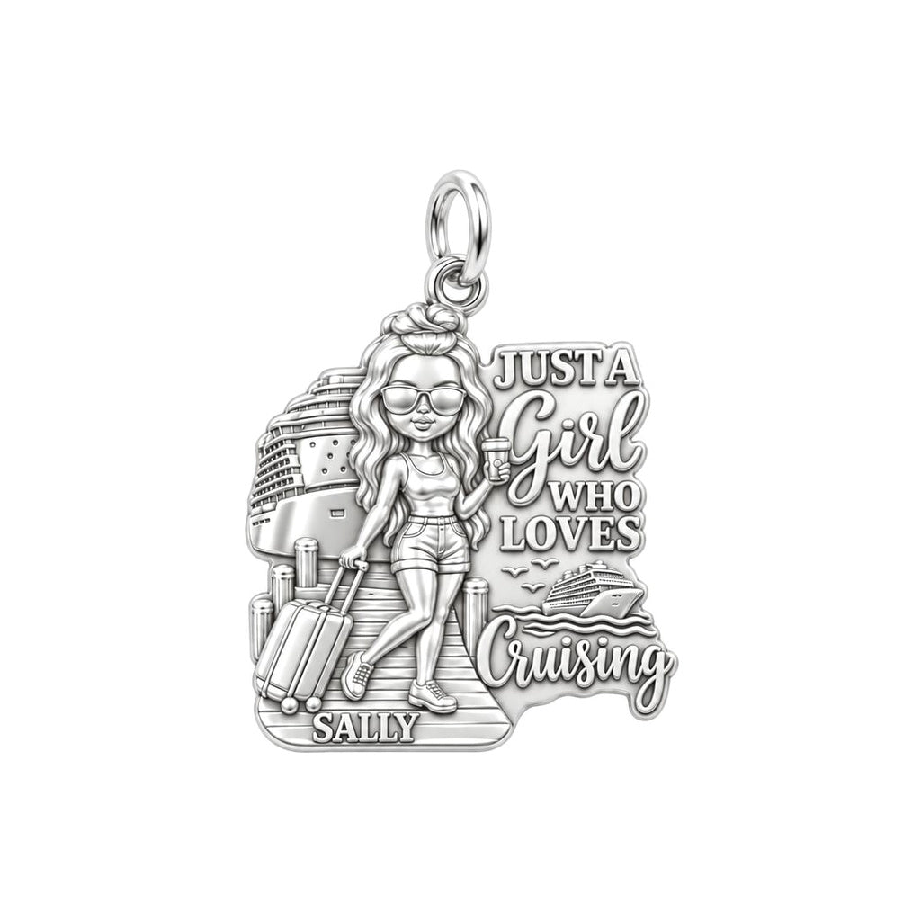 Girl Who Loves Cruising Charm Bracelet – Personalized Gift – silver plated 2 cm charm, front view