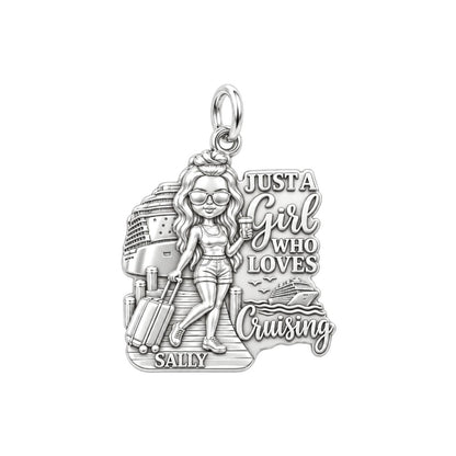 Girl Who Loves Cruising Charm Bracelet – Personalized Gift – silver plated 2 cm charm, front view