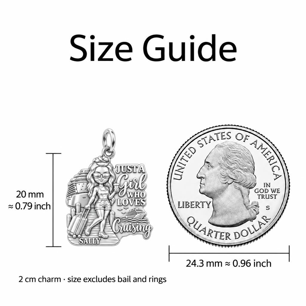 Girl Who Loves Cruising Charm Bracelet – Personalized Gift – size guide, 2 cm charm next to a quarter