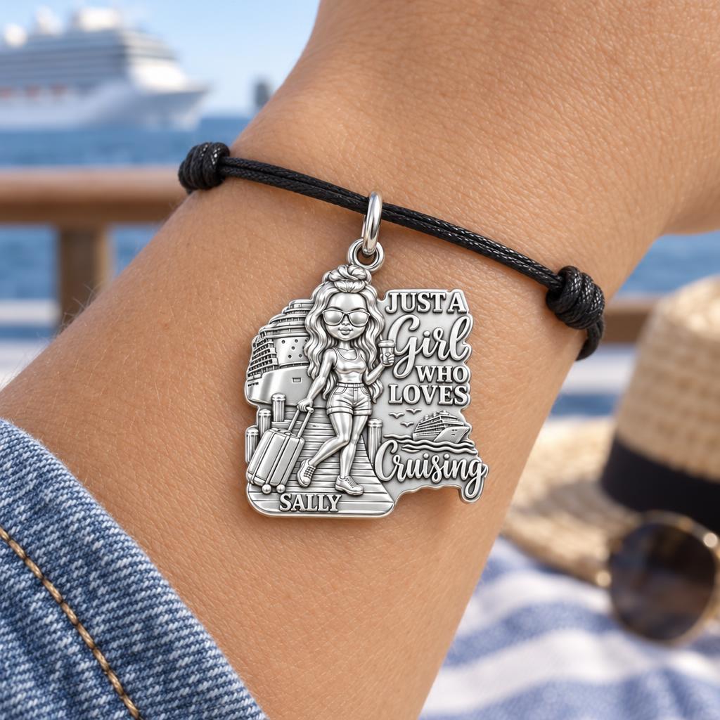 Girl Who Loves Cruising Charm Bracelet – Personalized Gift – worn on the wrist on a black cord bracelet