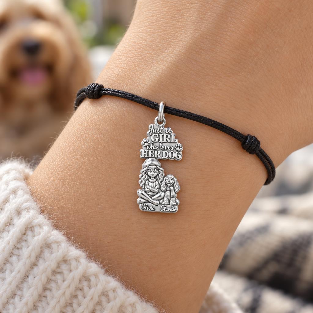 Girl Who Loves Her Dog Charm and Polyester Cord Bracelet Set
