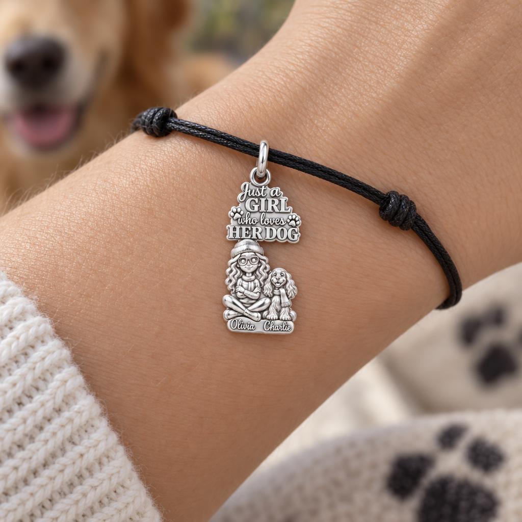 Girl Who Loves Her Dog Charm and Polyester Cord Bracelet Set