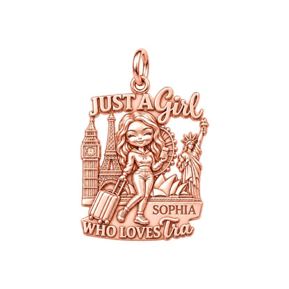 Girl Who Loves Traveling Charm Bracelet – Personalized Traveler Gift – rose gold 3 cm charm, front view