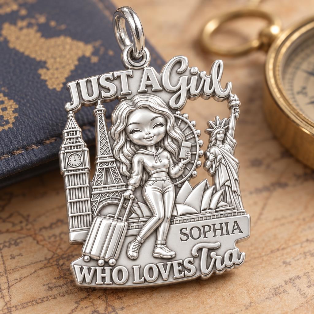 Girl Who Loves Traveling Charm Bracelet – Personalized Traveler Gift – macro detail of the charm