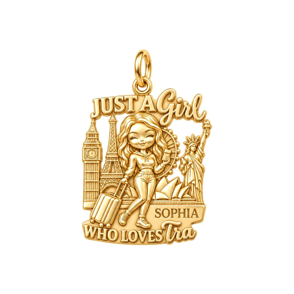 Girl Who Loves Traveling Charm Bracelet – Personalized Traveler Gift – 18K gold plated 3 cm charm, front view