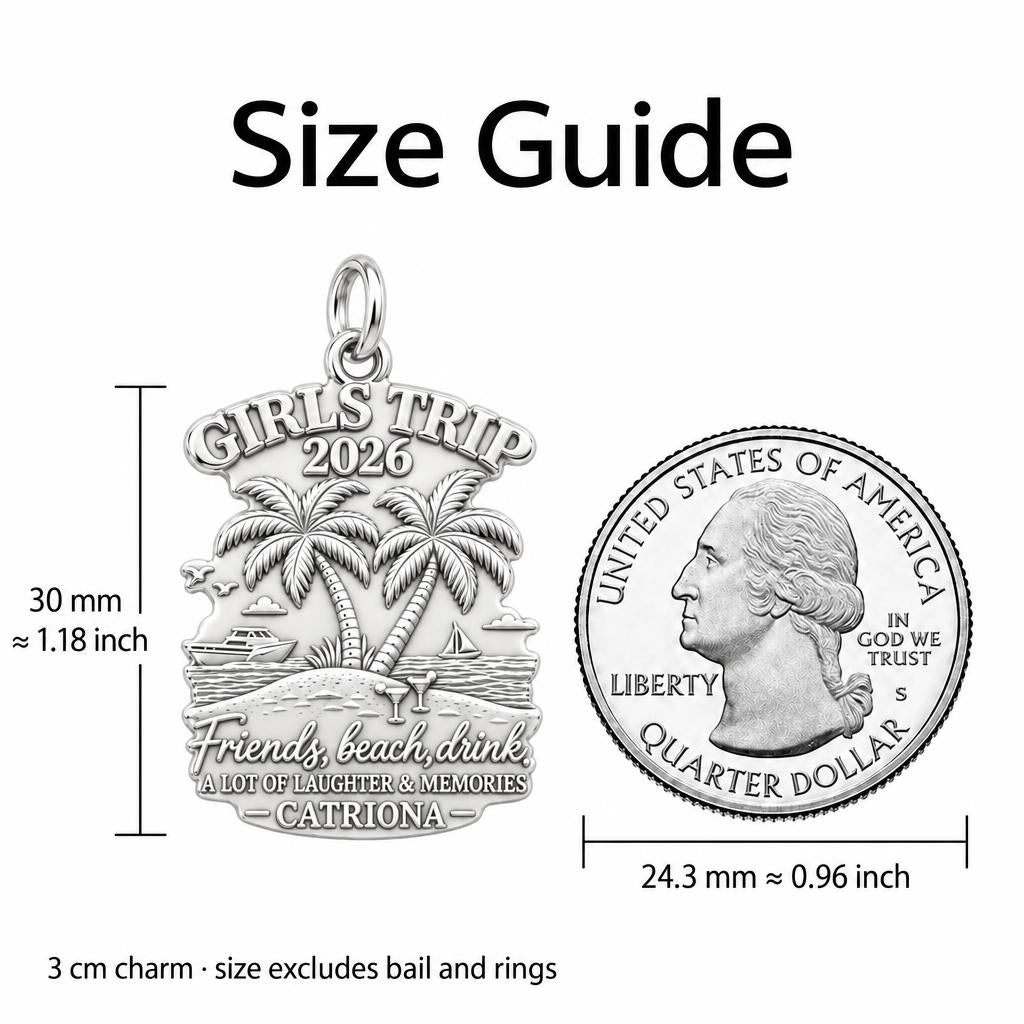 Girls Trip Beach Memories Charm Bracelet Set – size guide, 13 mm charm next to a quarter