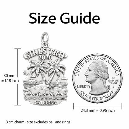 Girls Trip Beach Memories Charm Necklace Set – size guide, 13 mm charm next to a quarter